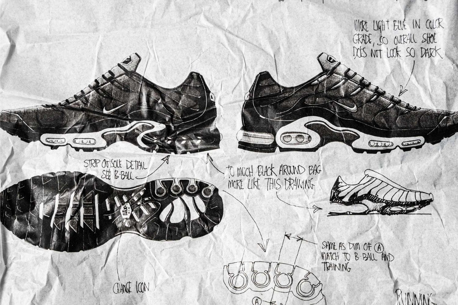 Black and White Sketches of The Nike TN Air Max Plus by Sean McDowell - Sleektrainers
